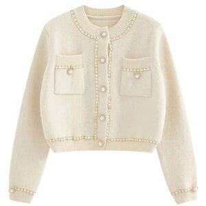 Knit Mix Contrast Stitch Pearls Beaded Crop Cardigan